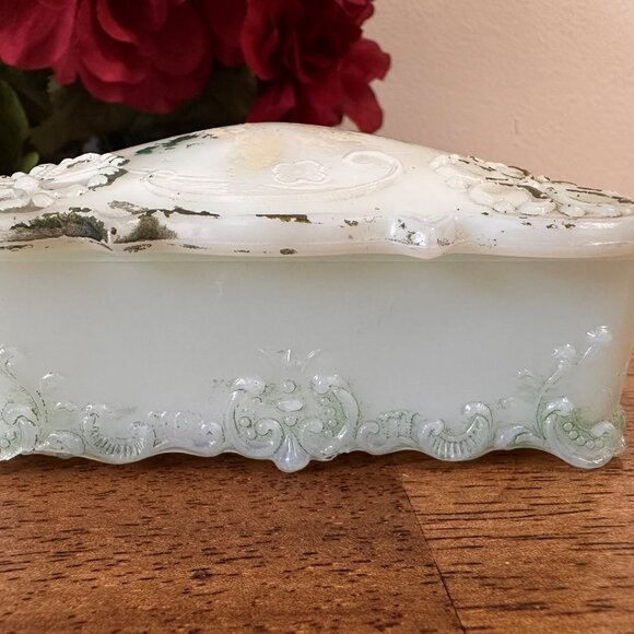 Victorian Milk Glass Trinket Box – Hand-Painted Floral Scroll Design - Picture 4 of 5